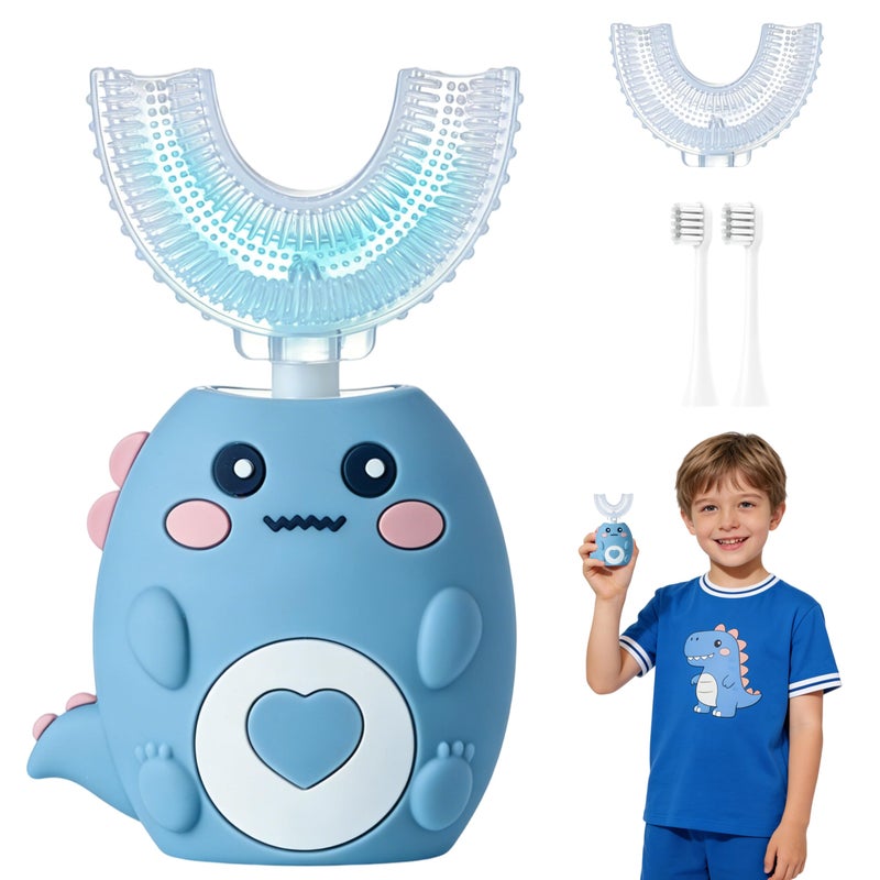 Kids Electric Toothbrush U Shaped, 360Âº Ultrasonic Toothbrush with Smart Timer & 3 Cleaning Modes, IPX7 Waterproof, Toddler Electric Toothbrush with 4 Brushs Head (Cartoon Dinosaur Ages 2-12) (Blue)
